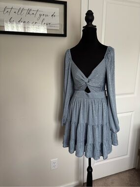 Altar'd State Dusty Blue Twist-Front Long Sleeve Tiered Dress